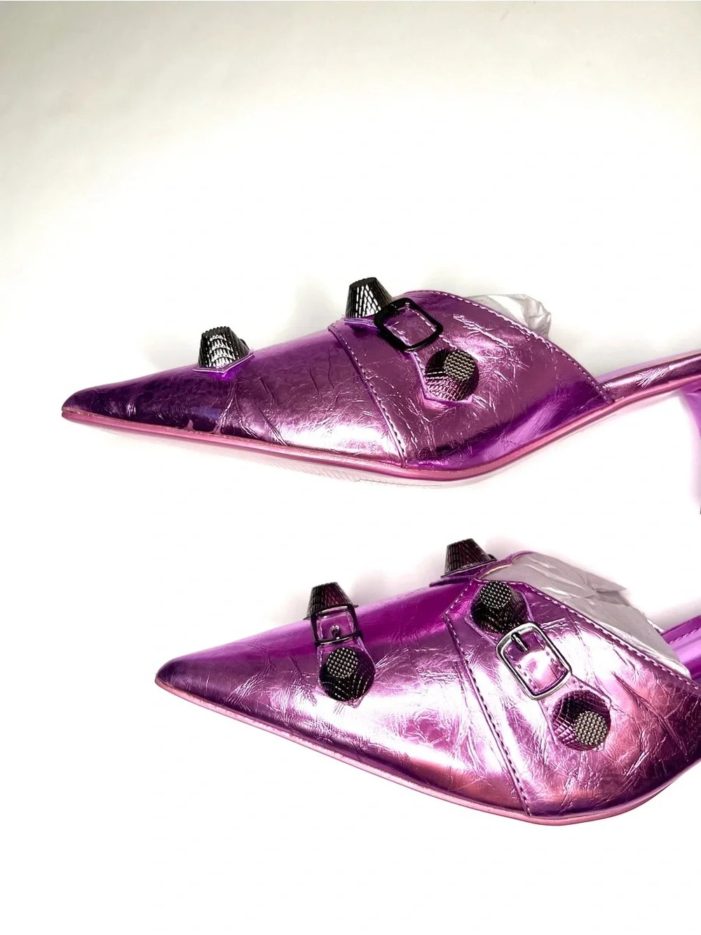 Metallic Embellished Purple Mules w/ Industrial Hardware Studded Metal Accents - Picture 4 of 13